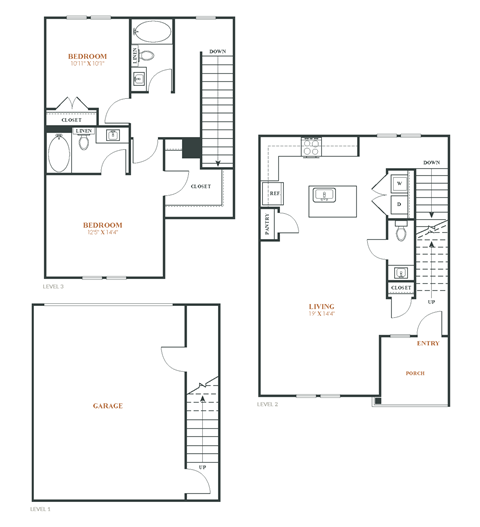 Floor plan for 2 beds, 2.5 baths, 1542 sqft